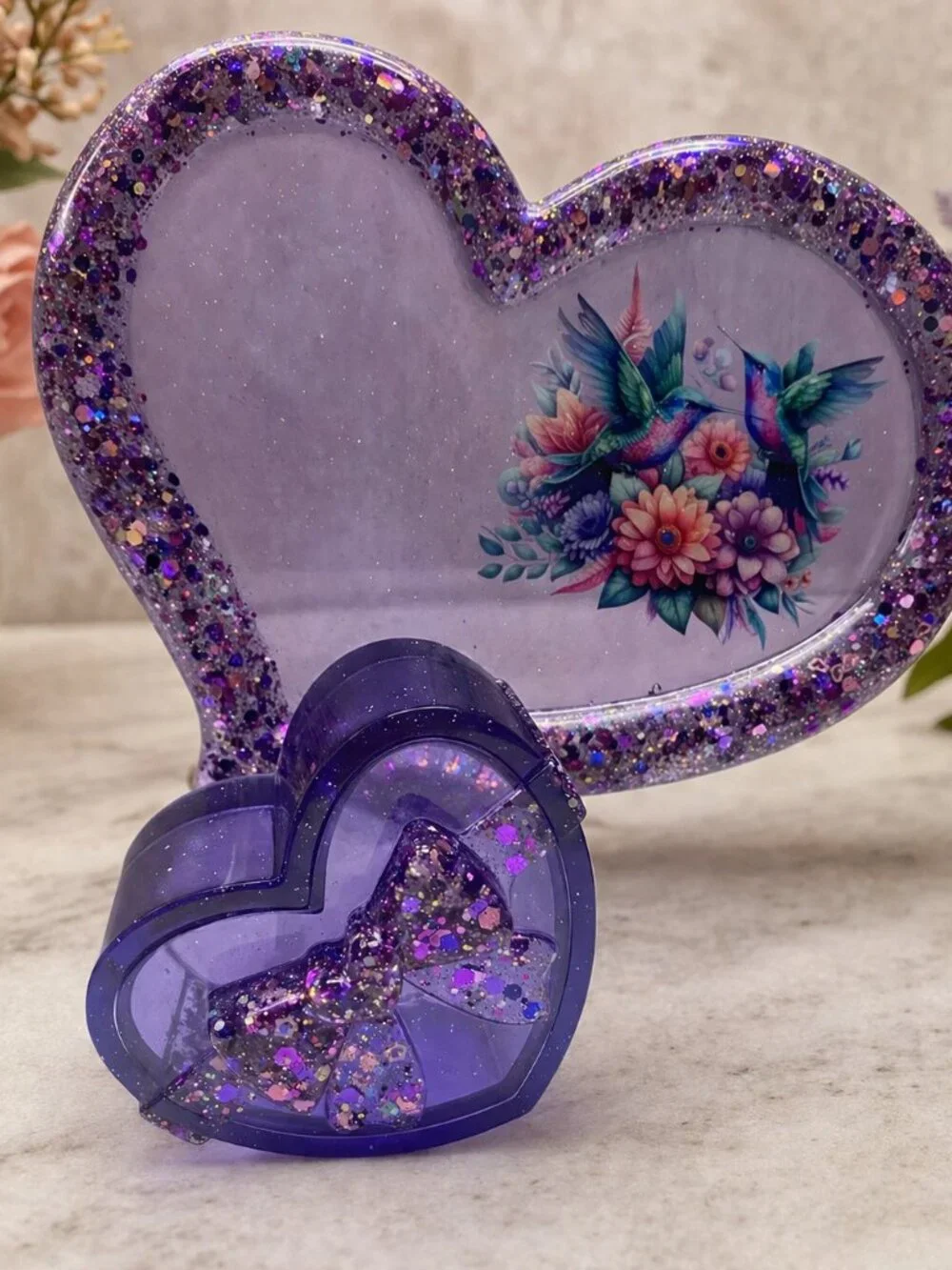 Purple Heart Tray and Jar Set, Hummingbird Resin Organizer, Feminine Shimmer